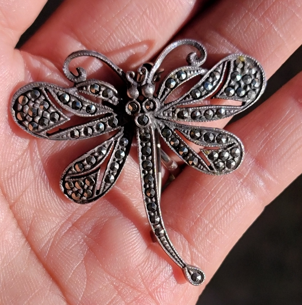 Gorgeous vintage Judith Jack 925 sterling silver marcasite large dragonfly brooc